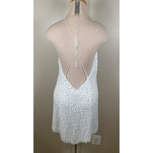 Retrofete Sirena Feather Sequin Cross Back Asymmetrical Mini Dress Size XL - Picture 6 of 8